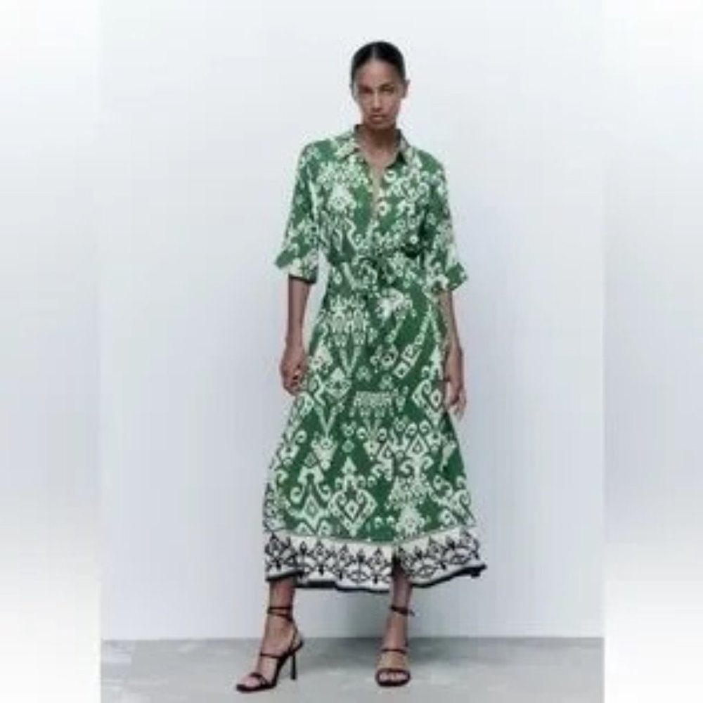 Zara Belted Printed Green Short Sleeves Button Front Midi Shirt Dress Size S